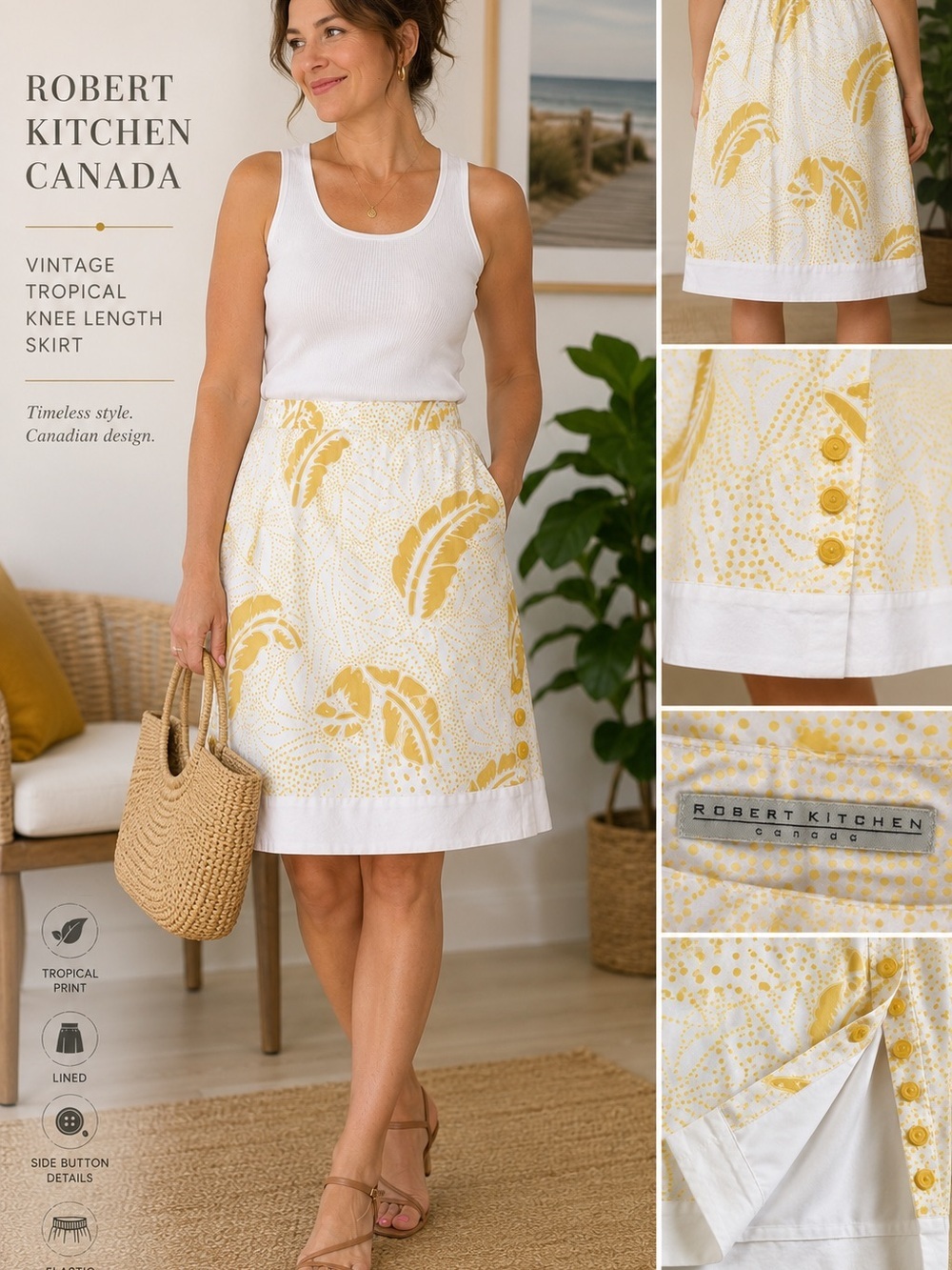 Robert Kitchen Tropical Leaf Print Midi Skirt White & Mustard Lined Medium